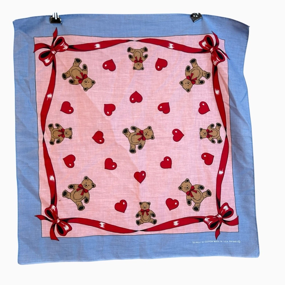 80s Teddy Bears & Hearts Scarf Bandana Scarf  USA Made - 50/50 Cotton Polyester